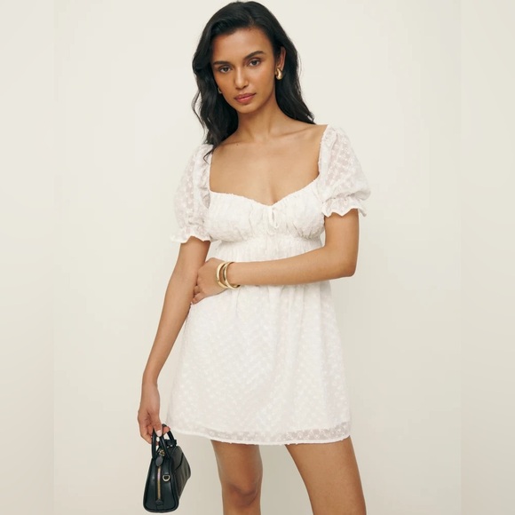 Reformation Natural Channa Elegant Puff Sleeve Floral Eyelet Mini Dress Bustier